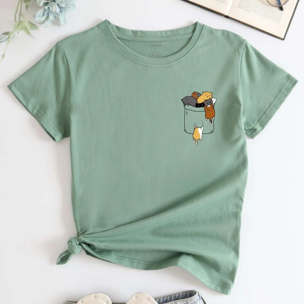SHEIN *Like New* Green Crewneck Cute Cats Tee Fake Pocket Kittens Detail T-Shirt